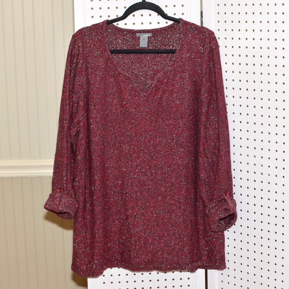 Plus Size 3X New Directions Weekend Sparkly Metallic Burgundy Wine Red Sweater
